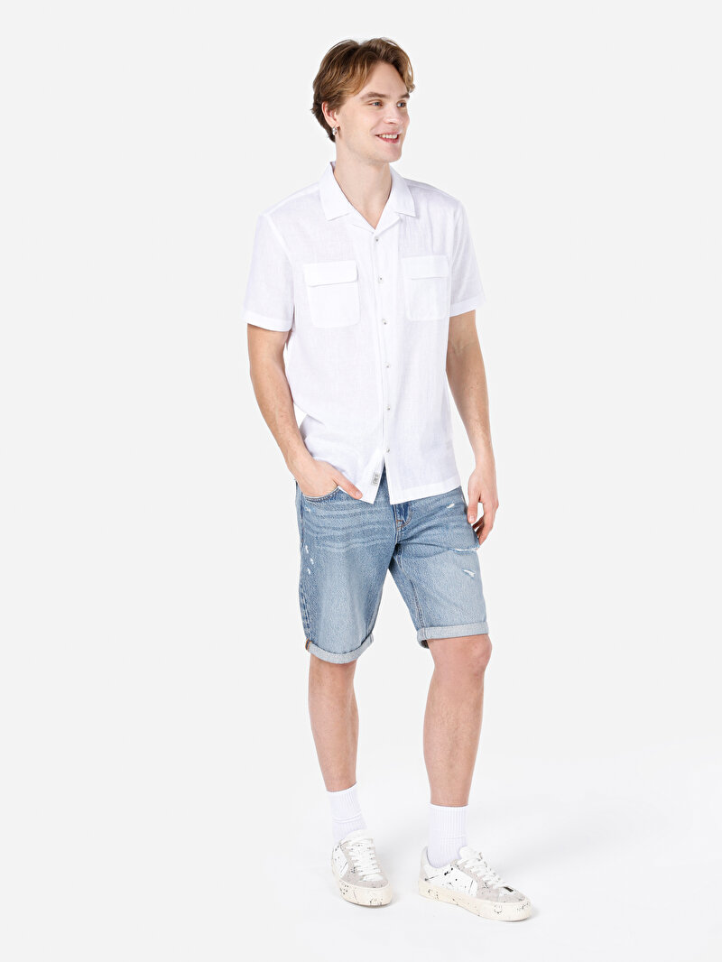 Comfort Fit Shirt Neck Düz Erkek Beyaz Kısa Kol Gömlek