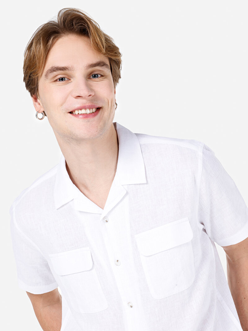 Comfort Fit Shirt Neck Düz Erkek Beyaz Kısa Kol Gömlek