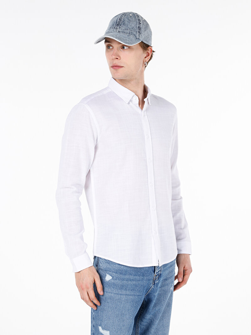 Slim Fit Shirt Neck Cepsiz Düz Erkek Beyaz Uzun Kol Gömlek