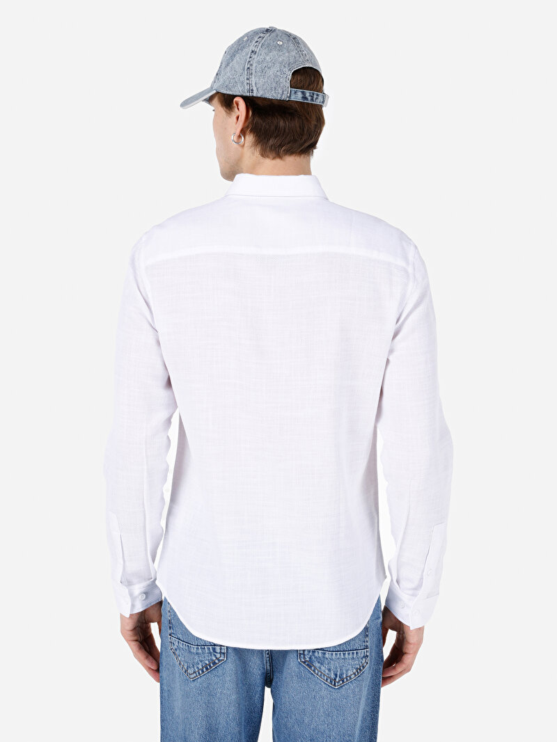 Slim Fit Shirt Neck Cepsiz Düz Erkek Beyaz Uzun Kol Gömlek