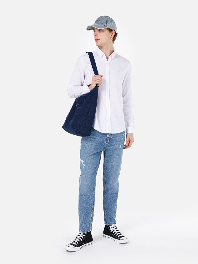 Slim Fit Shirt Neck Cepsiz Düz Erkek Beyaz Uzun Kol Gömlek