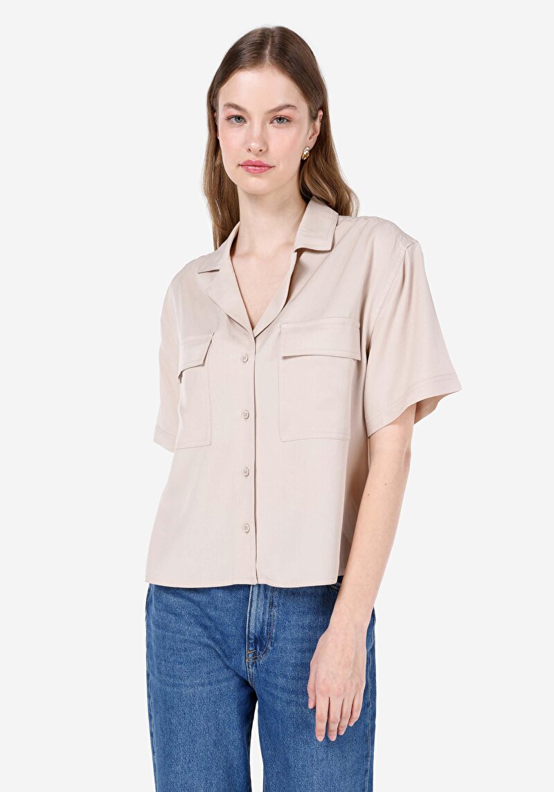 Regular Fit Shirt Neck Düz Kadın Bej Kısa Kol Gömlek