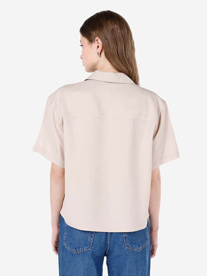 Regular Fit Shirt Neck Düz Kadın Bej Kısa Kol Gömlek