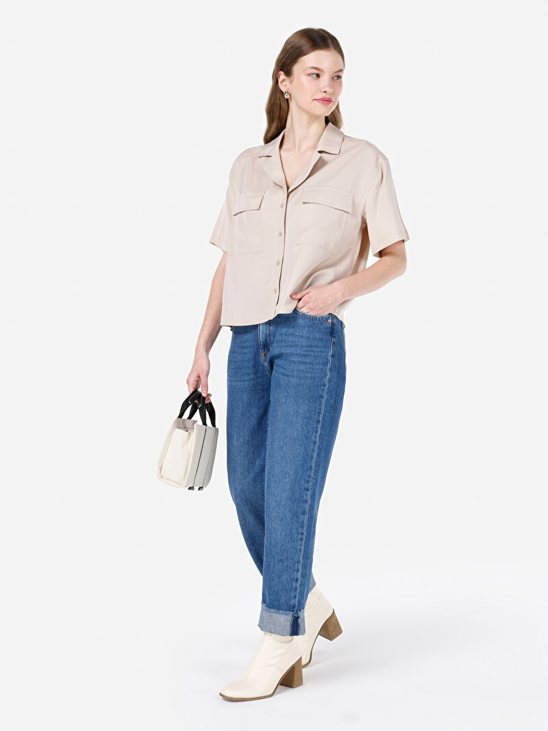 Regular Fit Shirt Neck Düz Kadın Bej Kısa Kol Gömlek