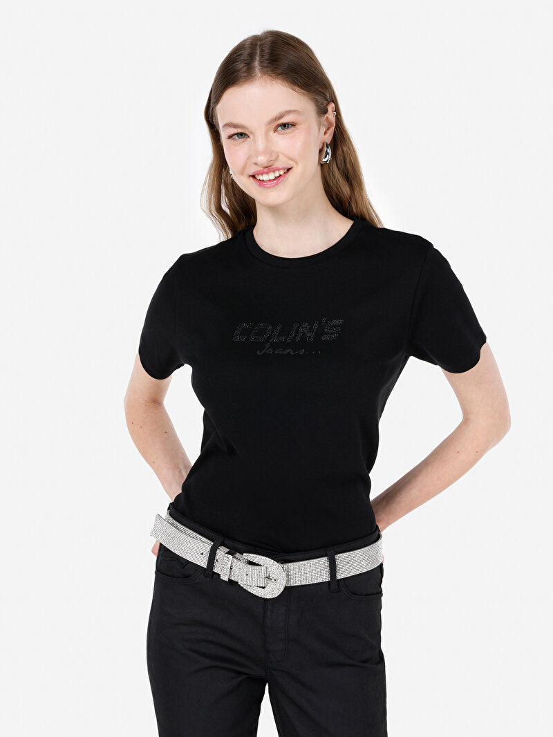 Regular Fit Yuvarlak Yaka Kadın Siyah Kısa Kol Tişört