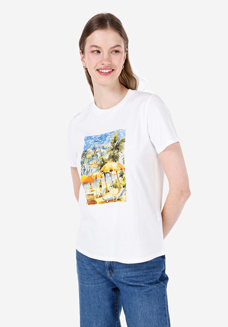 Regular Fit Örme Cepsiz Yuvarlak Yaka Baskılı Kadın Beyaz Kısa Kol Tişört