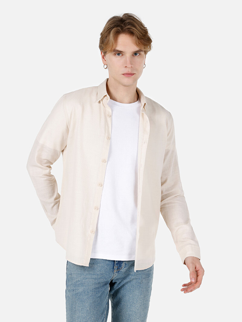 Slim Fit Shirt Neck Düz Erkek Bej Uzun Kol Gömlek