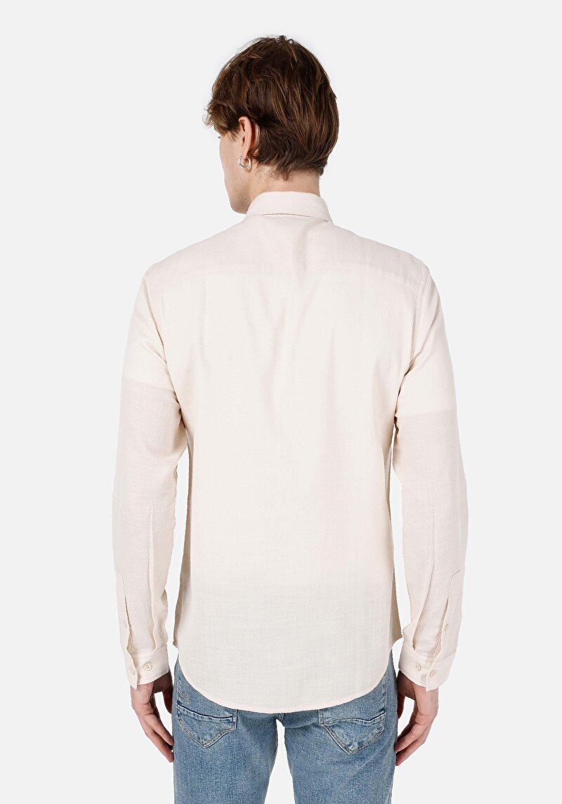 Slim Fit Shirt Neck Düz Erkek Bej Uzun Kol Gömlek