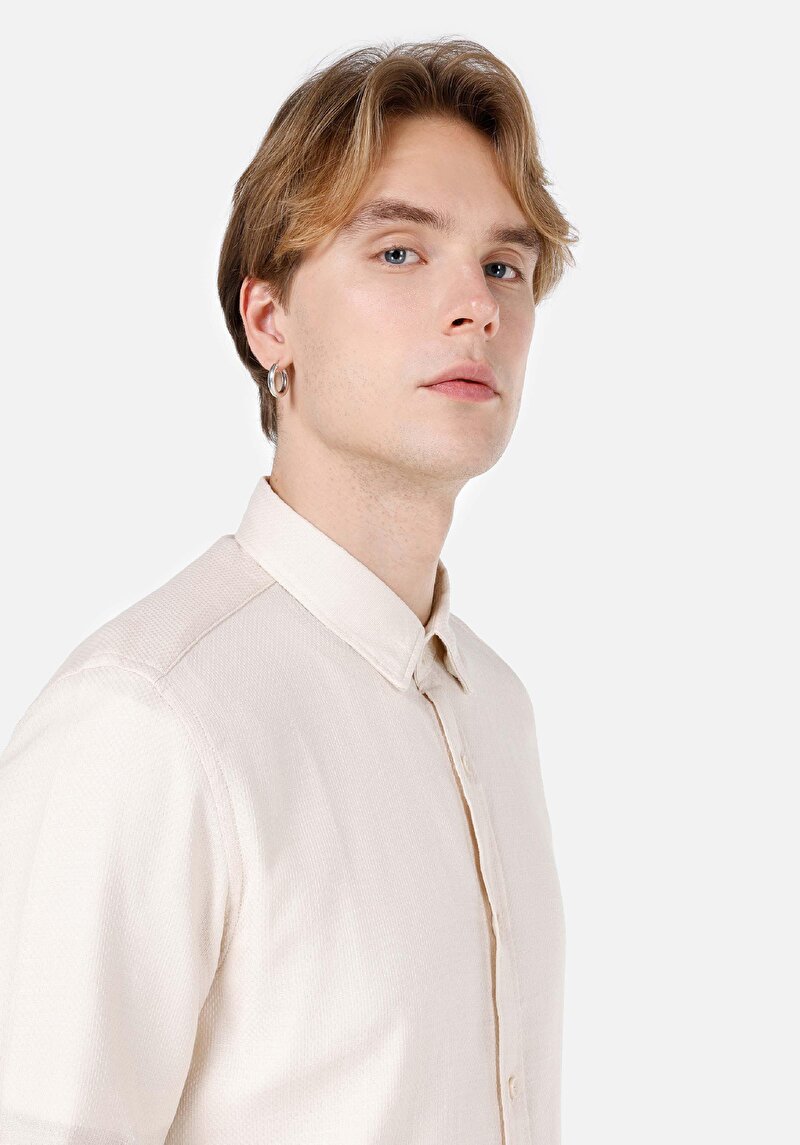 Slim Fit Shirt Neck Düz Erkek Bej Uzun Kol Gömlek