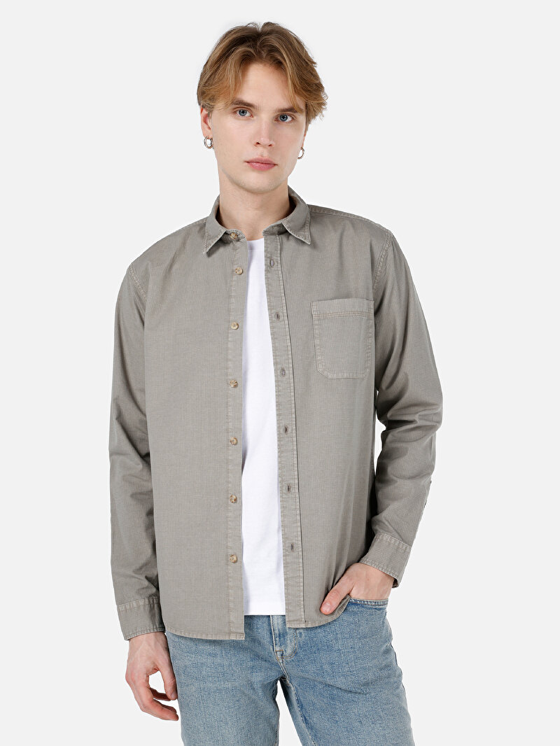 Slim Fit Shirt Neck Düz Erkek Yeşil Uzun Kol Gömlek