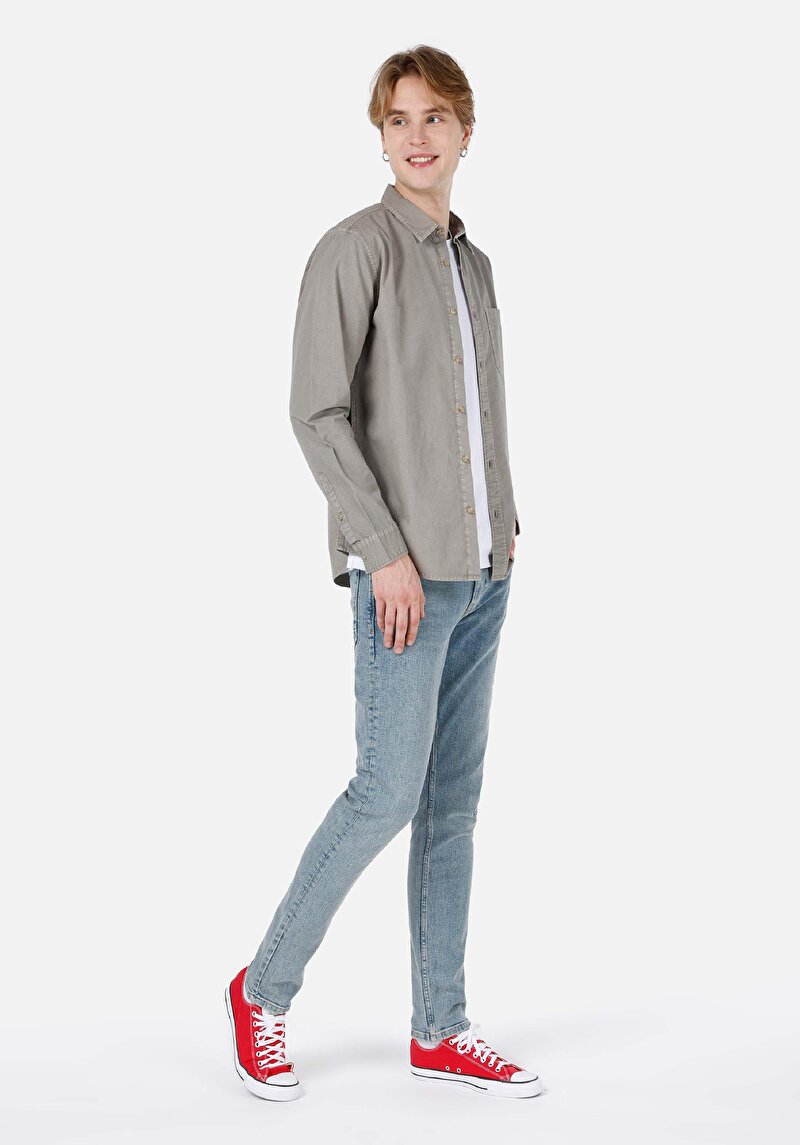 Slim Fit Shirt Neck Düz Erkek Yeşil Uzun Kol Gömlek