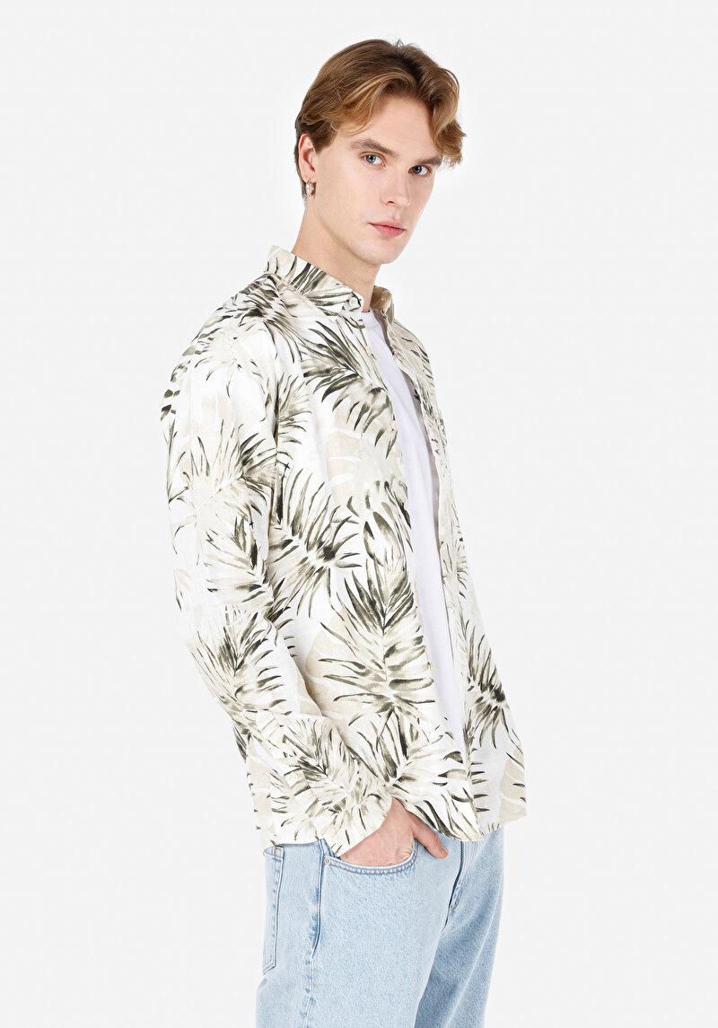 Regular Fit Shirt Neck Baskılı Erkek Bej Uzun Kol Gömlek