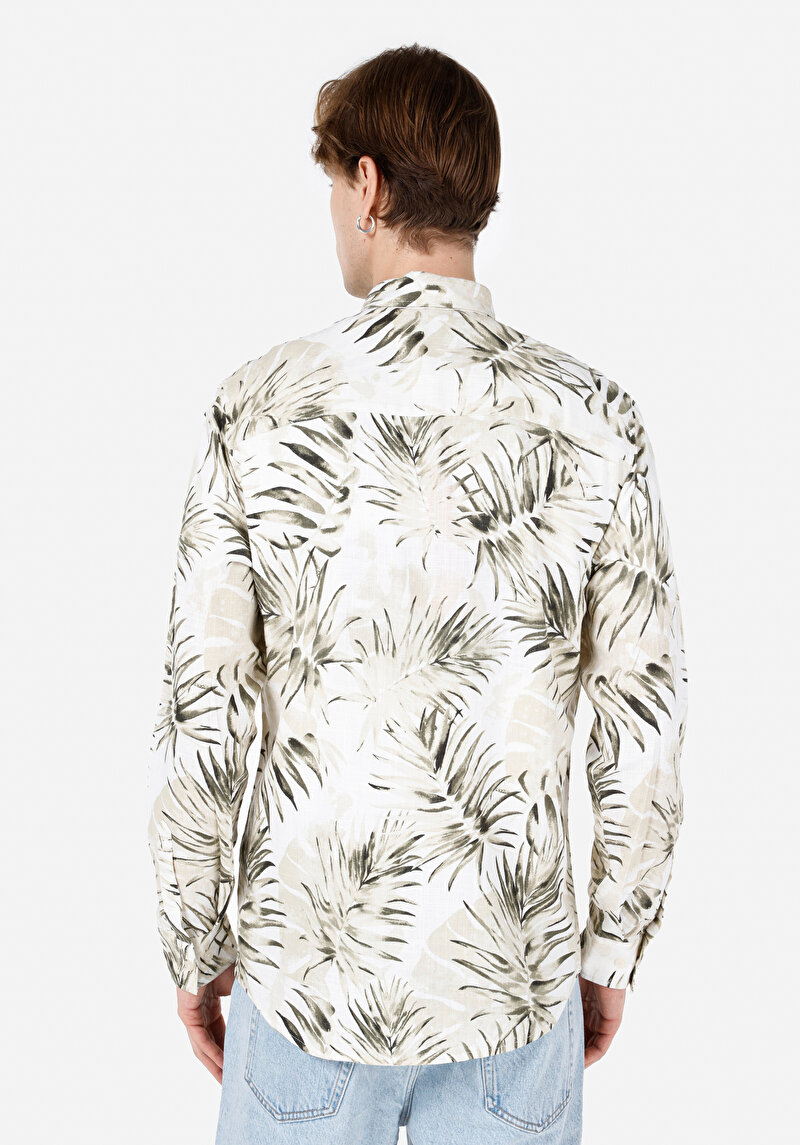 Regular Fit Shirt Neck Baskılı Erkek Bej Uzun Kol Gömlek