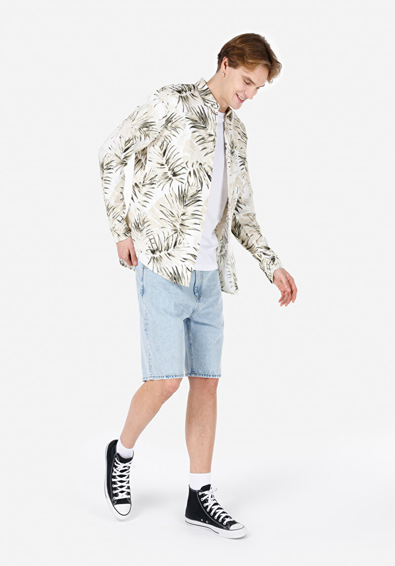 Regular Fit Shirt Neck Baskılı Erkek Bej Uzun Kol Gömlek