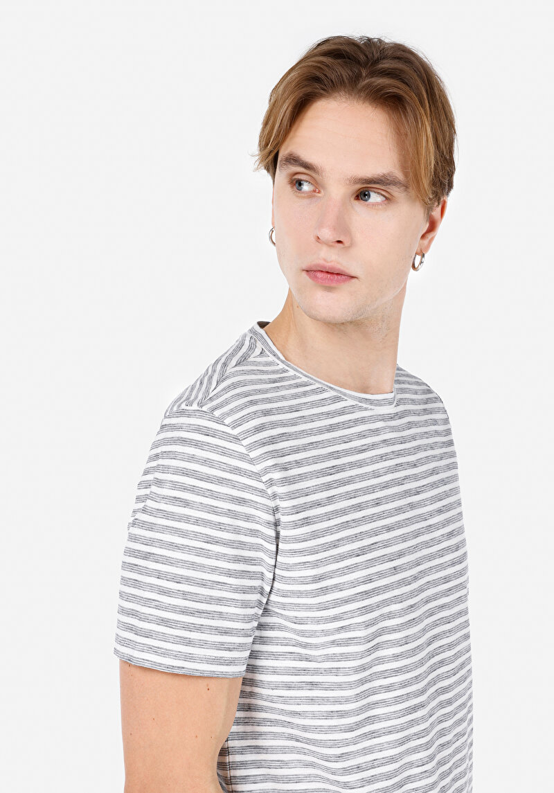 Regular Fit Yuvarlak Yaka Çizgili Erkek Gri Kısa Kol Tişört