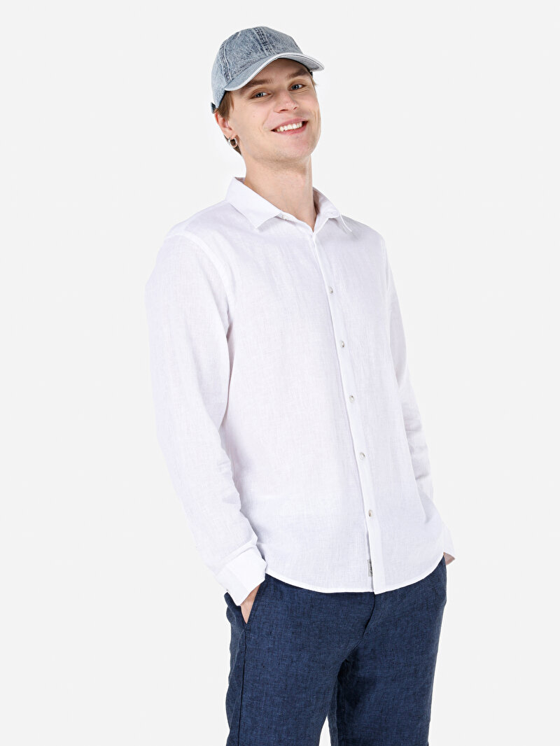 Comfort Fit Shirt Neck Düz Erkek Beyaz Düğmeli Uzun Kol Gömlek