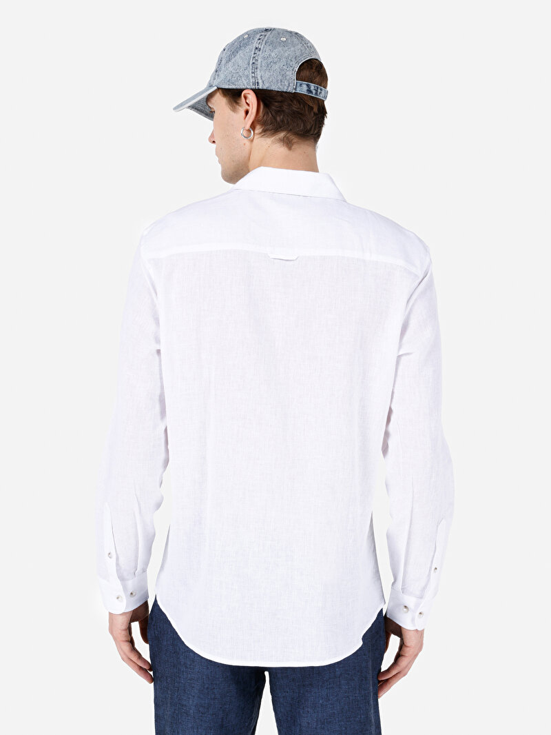 Comfort Fit Shirt Neck Düz Erkek Beyaz Düğmeli Uzun Kol Gömlek