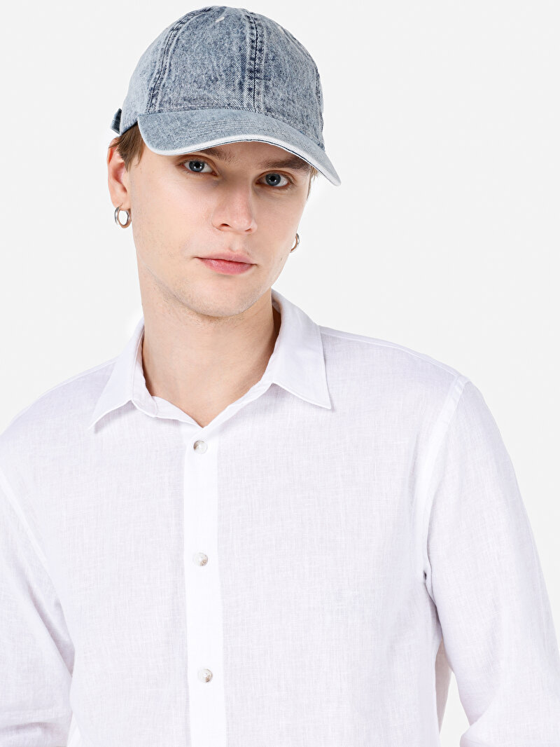 Comfort Fit Shirt Neck Düz Erkek Beyaz Düğmeli Uzun Kol Gömlek