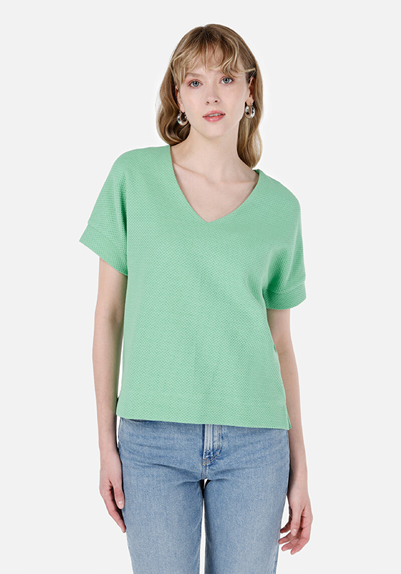 Regular Fit V Yaka Kadın Yeşil Kısa Kol Tişört