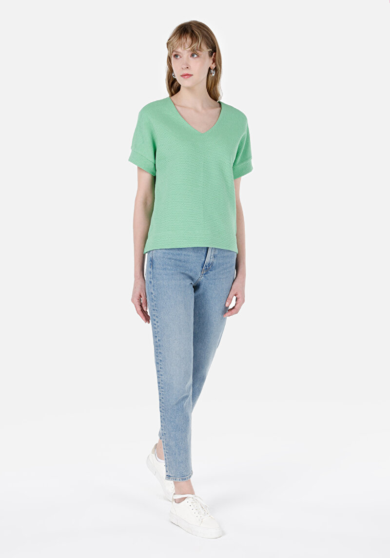 Regular Fit V Yaka Kadın Yeşil Kısa Kol Tişört