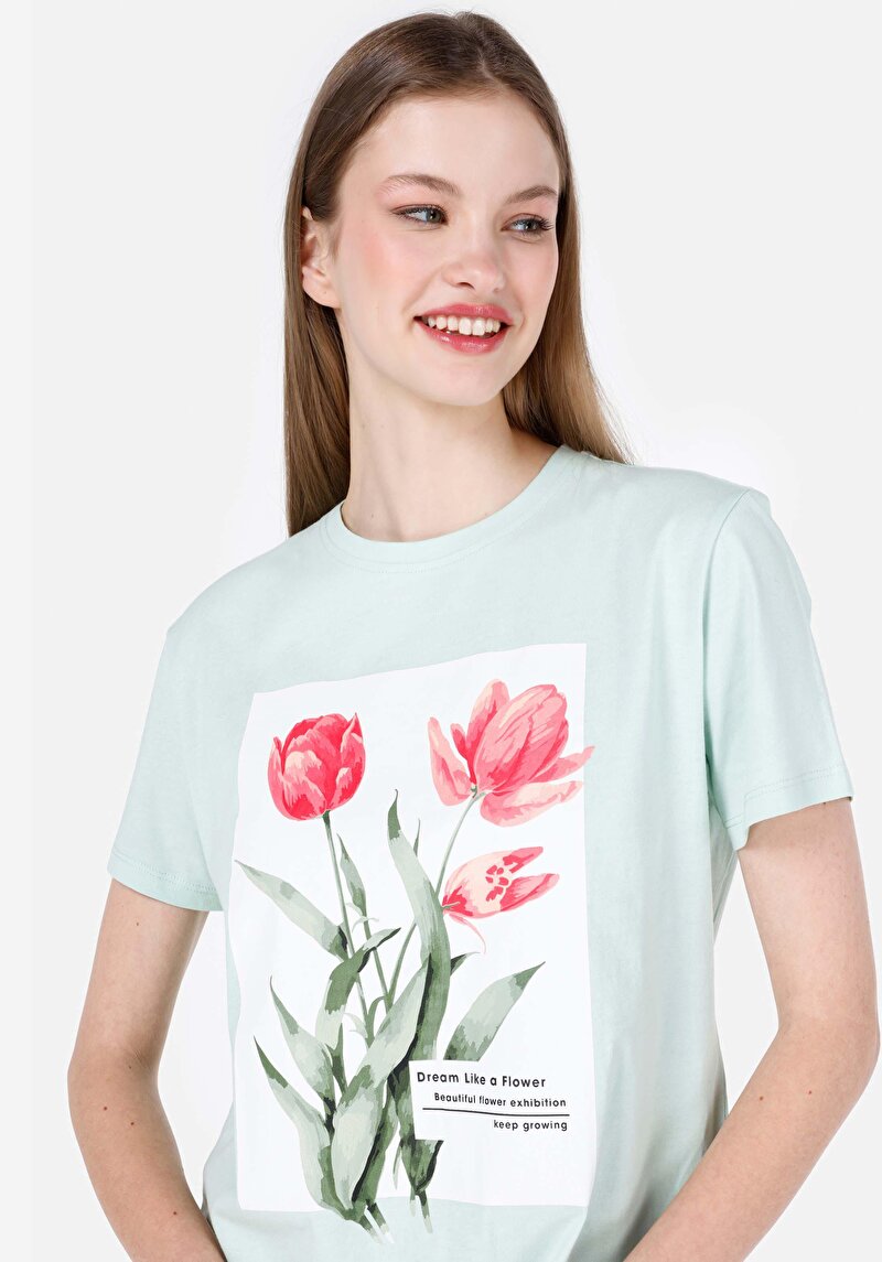 Regular Fit Yuvarlak Yaka Baskılı Kadın Yeşil Kısa Kol Tişört