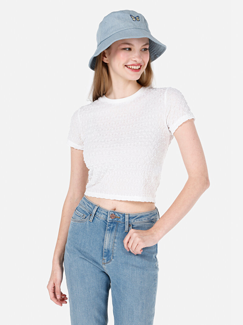 Slim Fit Yuvarlak Yaka Örme Düz Kadın Beyaz Kısa Kol Tişört