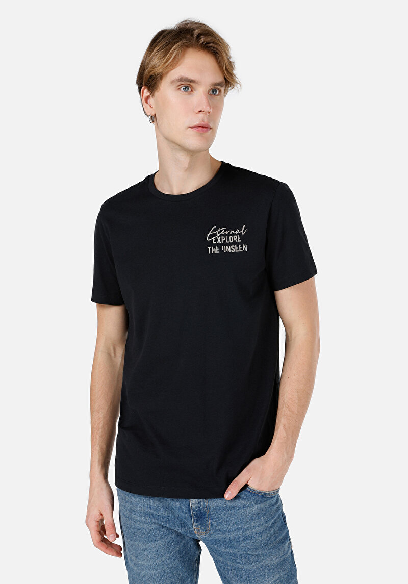Regular Fit Yuvarlak Yaka Düz Pamuklu Yazı Baskılı Erkek Siyah Kısa Kol Tişört