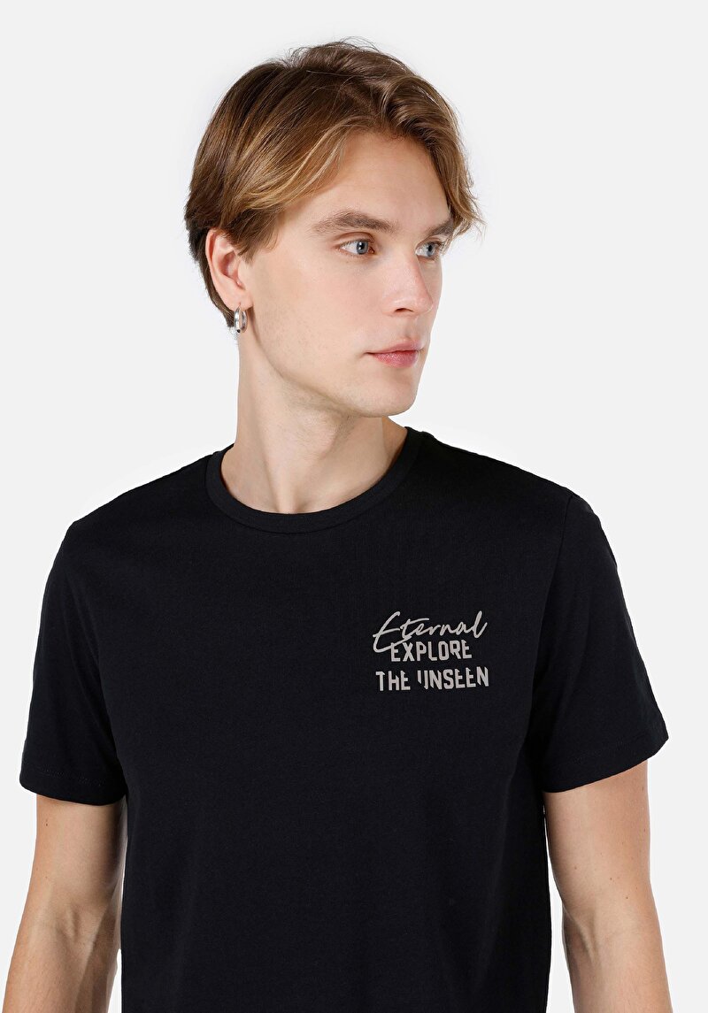 Regular Fit Yuvarlak Yaka Düz Pamuklu Yazı Baskılı Erkek Siyah Kısa Kol Tişört