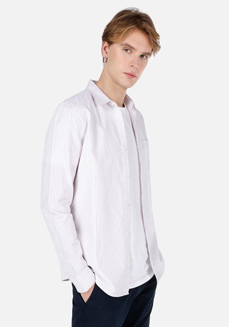 Slim Fit Shirt Neck Cepli Düz Erkek Bej Uzun Kol Gömlek