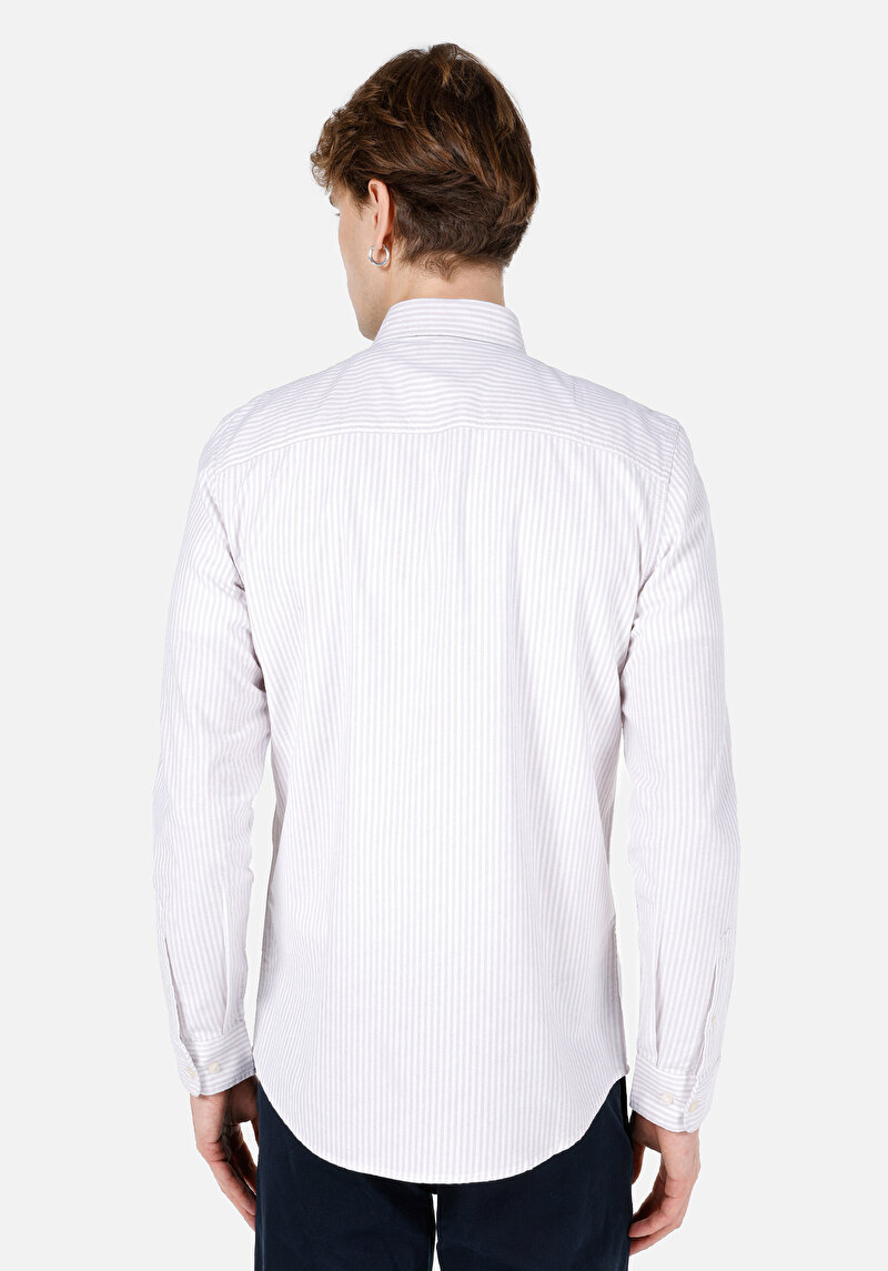 Slim Fit Shirt Neck Cepli Düz Erkek Bej Uzun Kol Gömlek