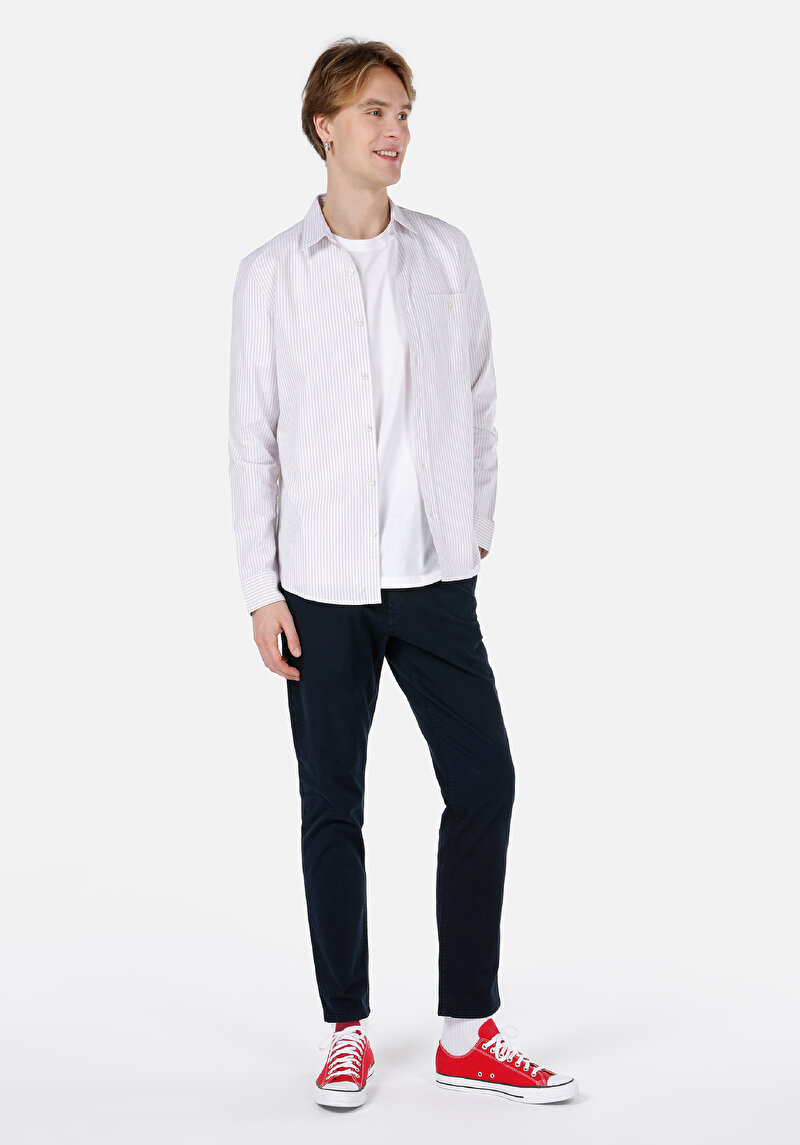 Slim Fit Shirt Neck Cepli Düz Erkek Bej Uzun Kol Gömlek