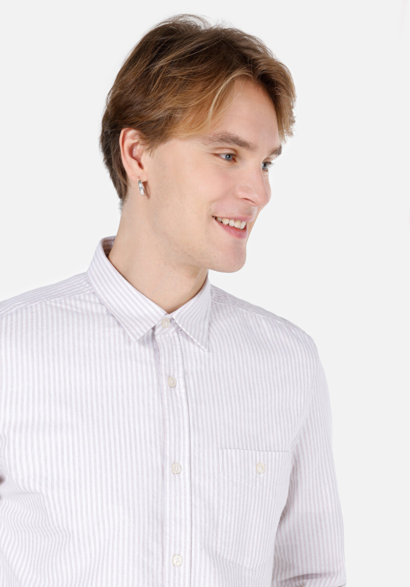 Slim Fit Shirt Neck Cepli Düz Erkek Bej Uzun Kol Gömlek