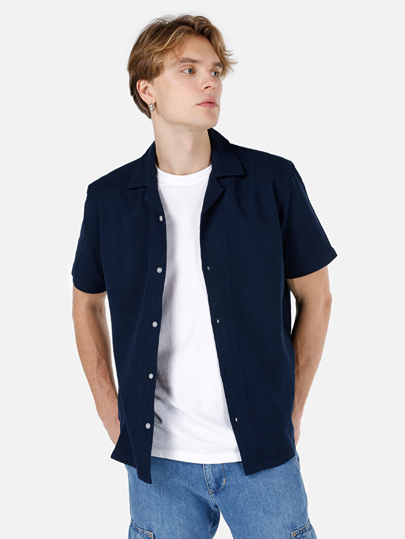 Regular Fit Shirt Neck Cepsiz Düz Erkek Lacivert Kısa Kol Gömlek
