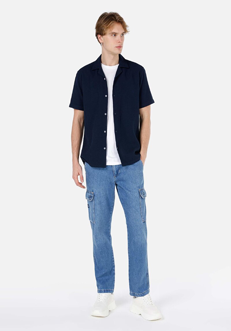 Regular Fit Shirt Neck Cepsiz Düz Erkek Lacivert Kısa Kol Gömlek