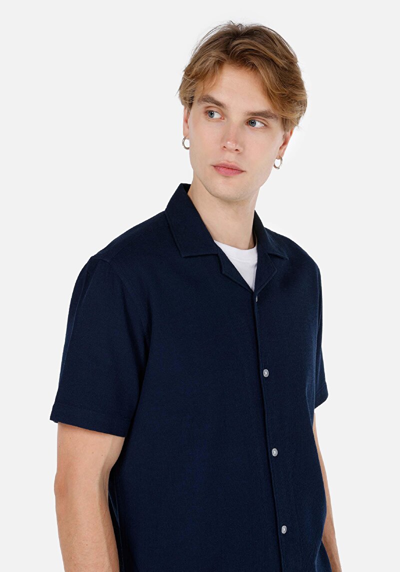 Regular Fit Shirt Neck Cepsiz Düz Erkek Lacivert Kısa Kol Gömlek