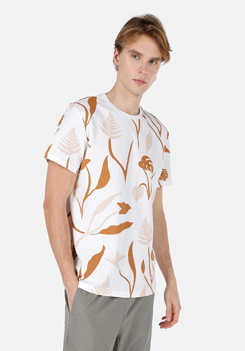 Regular Fit Örme Yuvarlak Yaka Baskılı Cepsiz Erkek Beyaz Kısa Kol Tişört