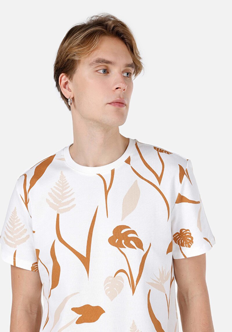 Regular Fit Örme Yuvarlak Yaka Baskılı Cepsiz Erkek Beyaz Kısa Kol Tişört