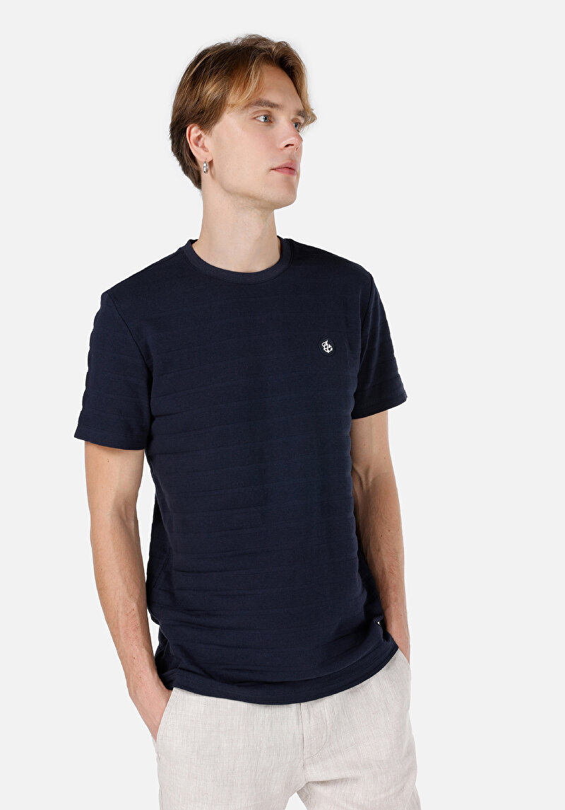Regular Fit Yuvarlak Yaka Jakarlı Erkek Lacivert Kısa Kol Tişört