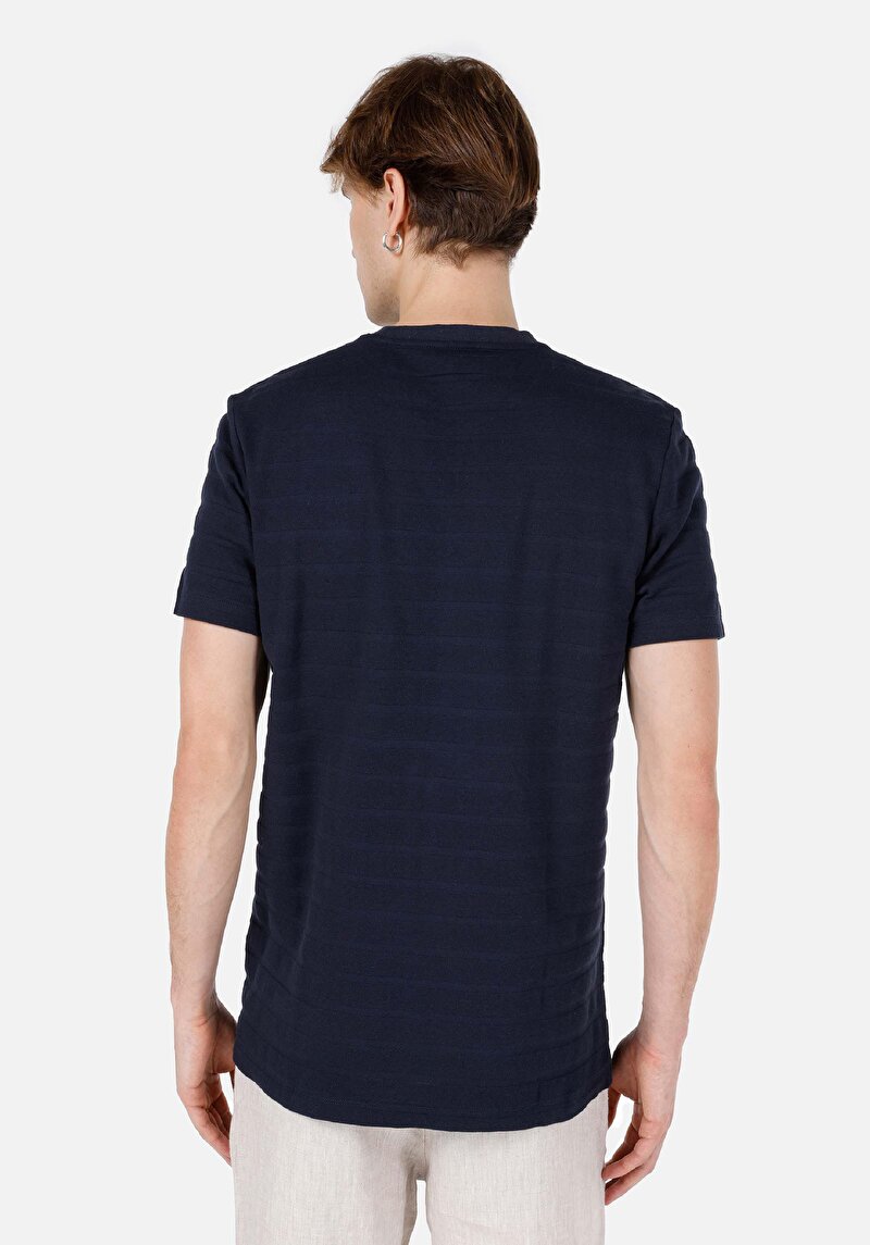 Regular Fit Yuvarlak Yaka Jakarlı Erkek Lacivert Kısa Kol Tişört