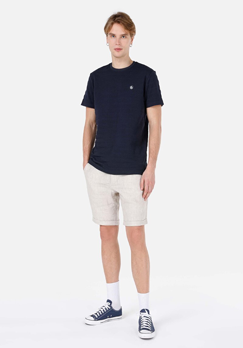 Regular Fit Yuvarlak Yaka Jakarlı Erkek Lacivert Kısa Kol Tişört