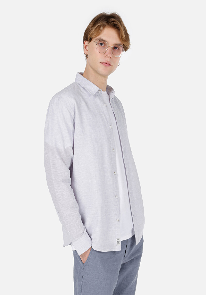 Comfort Fit Shirt Neck Düz Erkek Gri Cepsiz Uzun Kol Gömlek