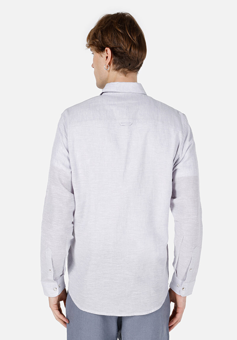 Comfort Fit Shirt Neck Düz Erkek Gri Cepsiz Uzun Kol Gömlek