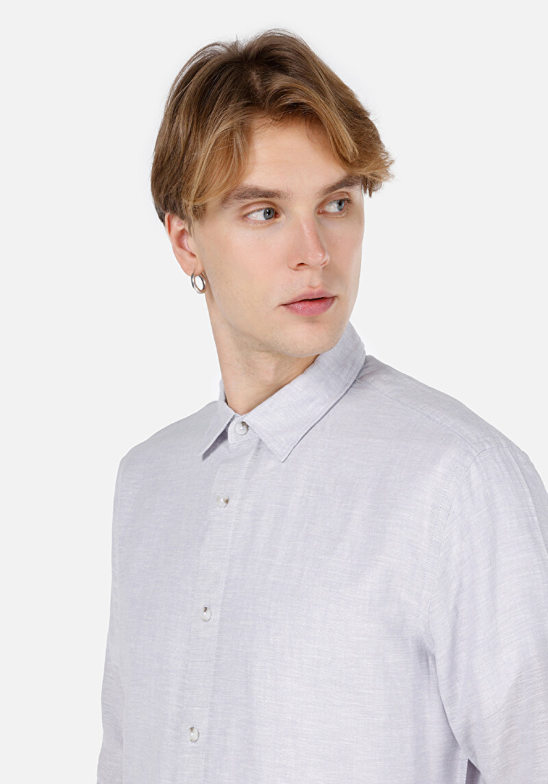 Comfort Fit Shirt Neck Düz Erkek Gri Cepsiz Uzun Kol Gömlek