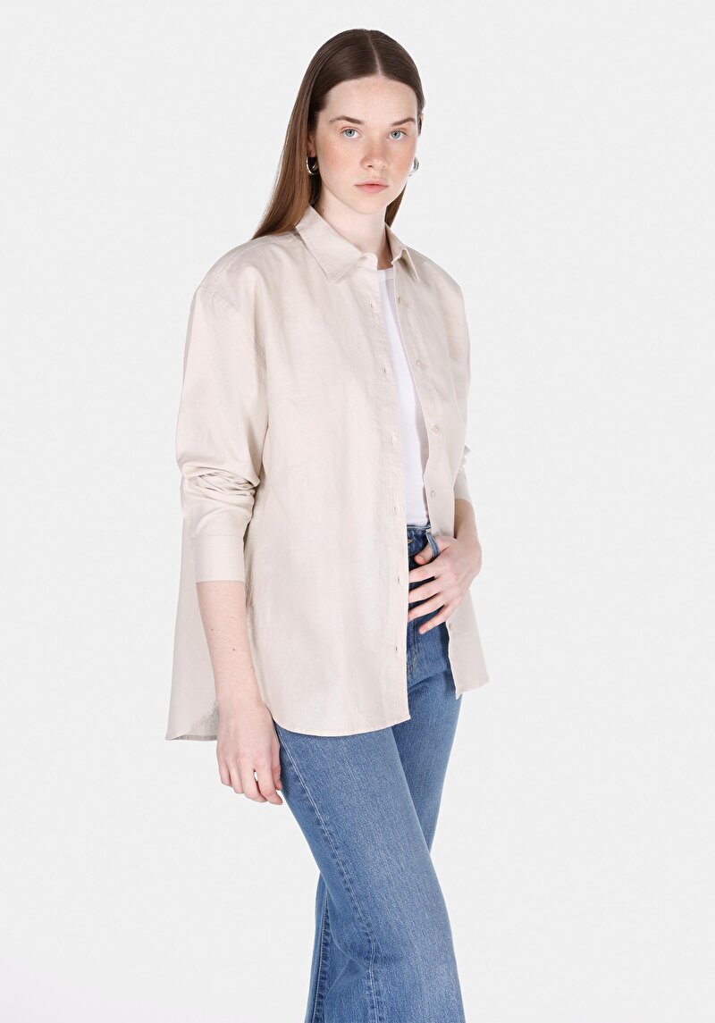 Relaxed Fit Shirt Neck Düz Kadın Bej Uzun Kol Gömlek