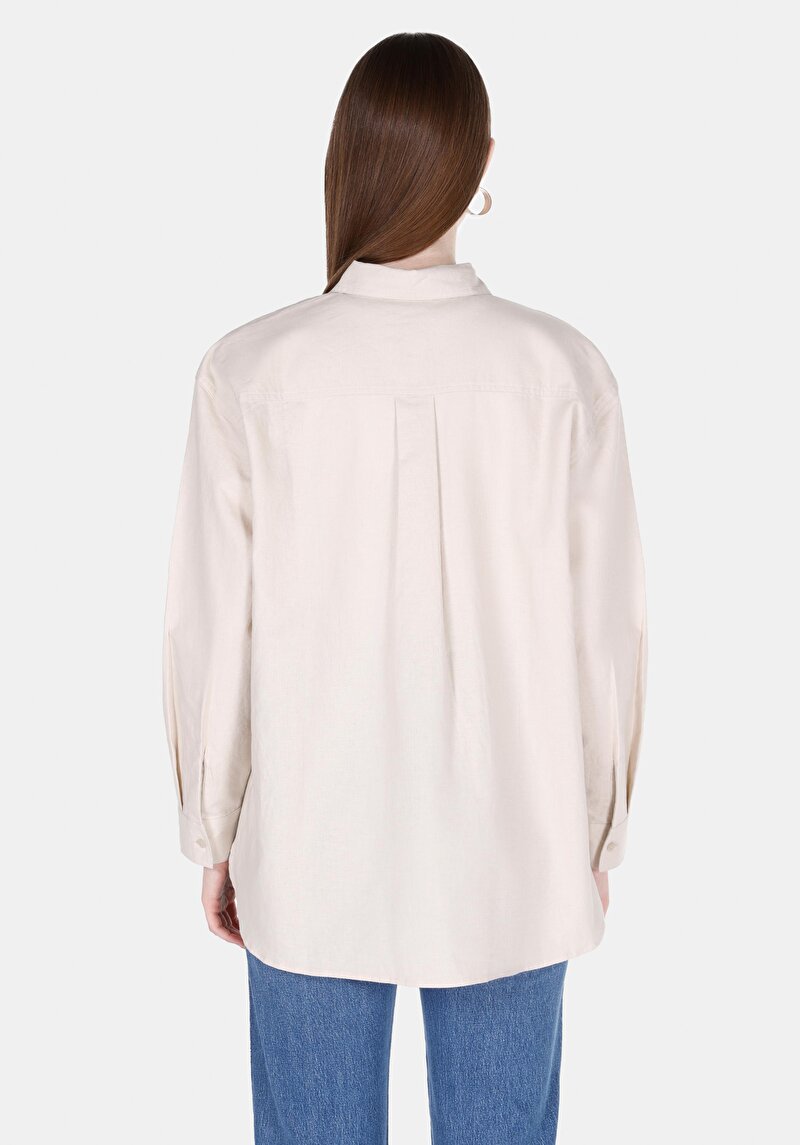 Relaxed Fit Shirt Neck Düz Kadın Bej Uzun Kol Gömlek