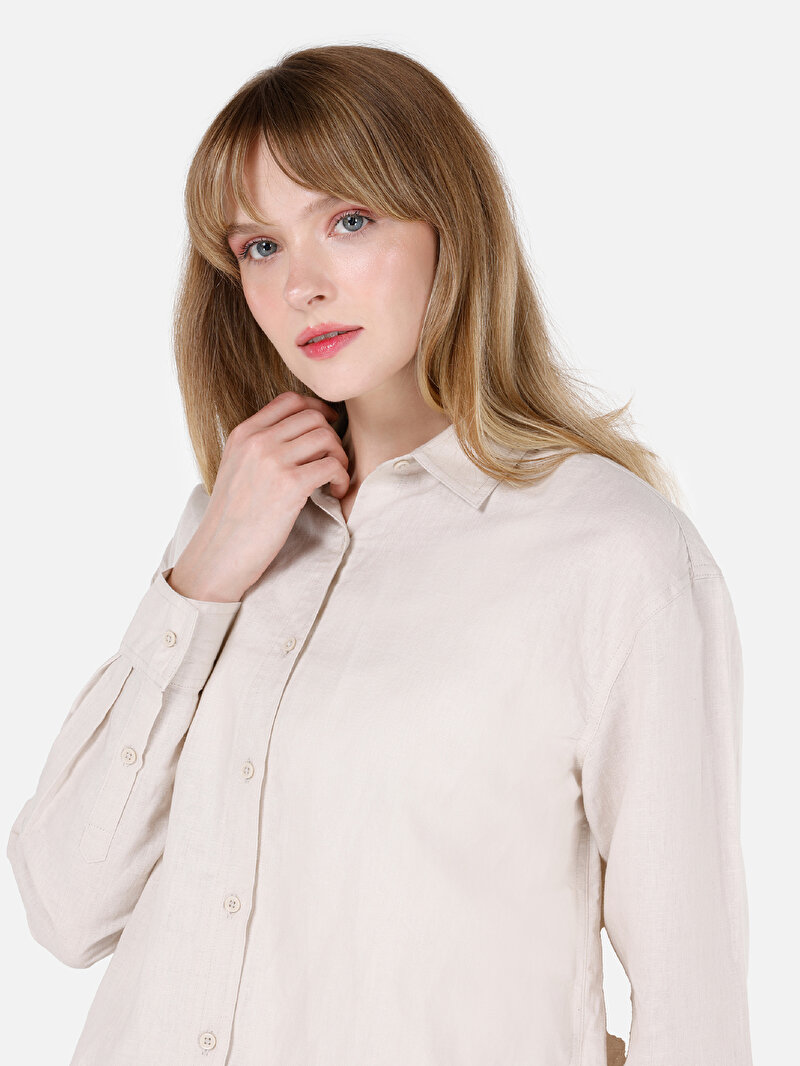 Relaxed Fit Shirt Neck Düz Kadın Bej Uzun Kol Gömlek