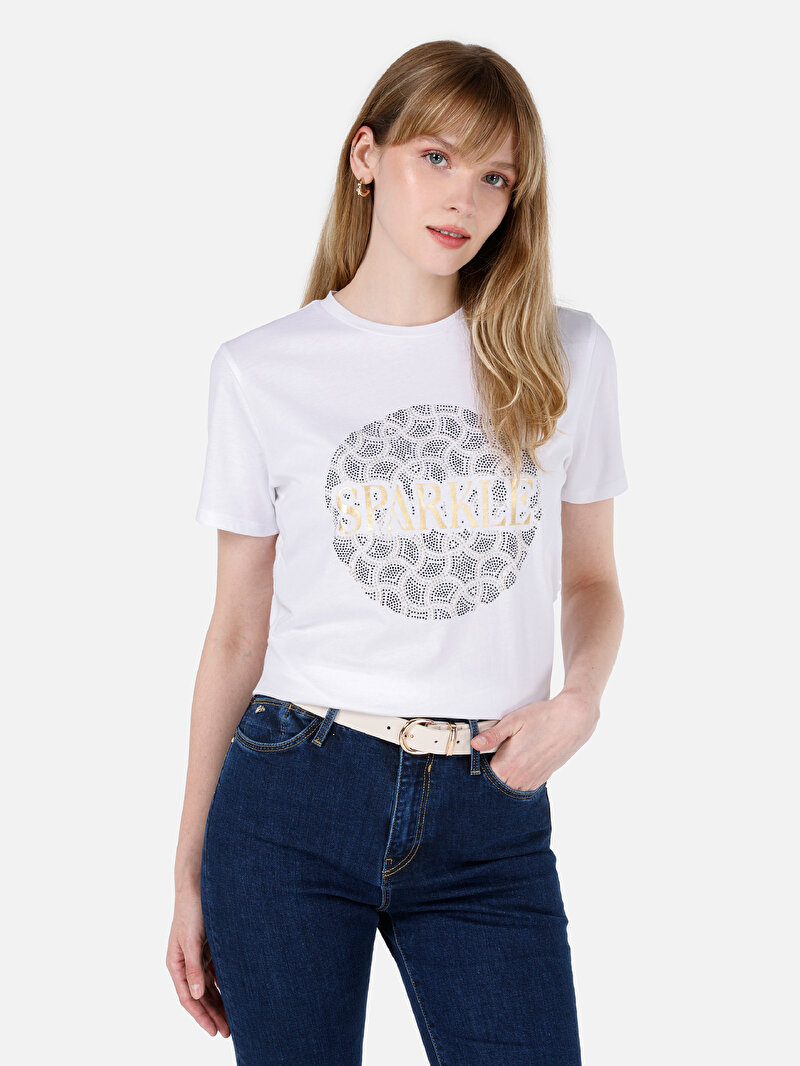 Regular Fit Yuvarlak Yaka Baskılı Kadın Beyaz Kısa Kol Tişört