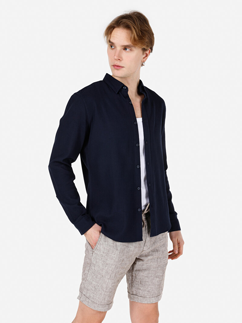 Slim Fit Shirt Neck Düz Cepsiz Erkek Lacivert Uzun Kol Gömlek