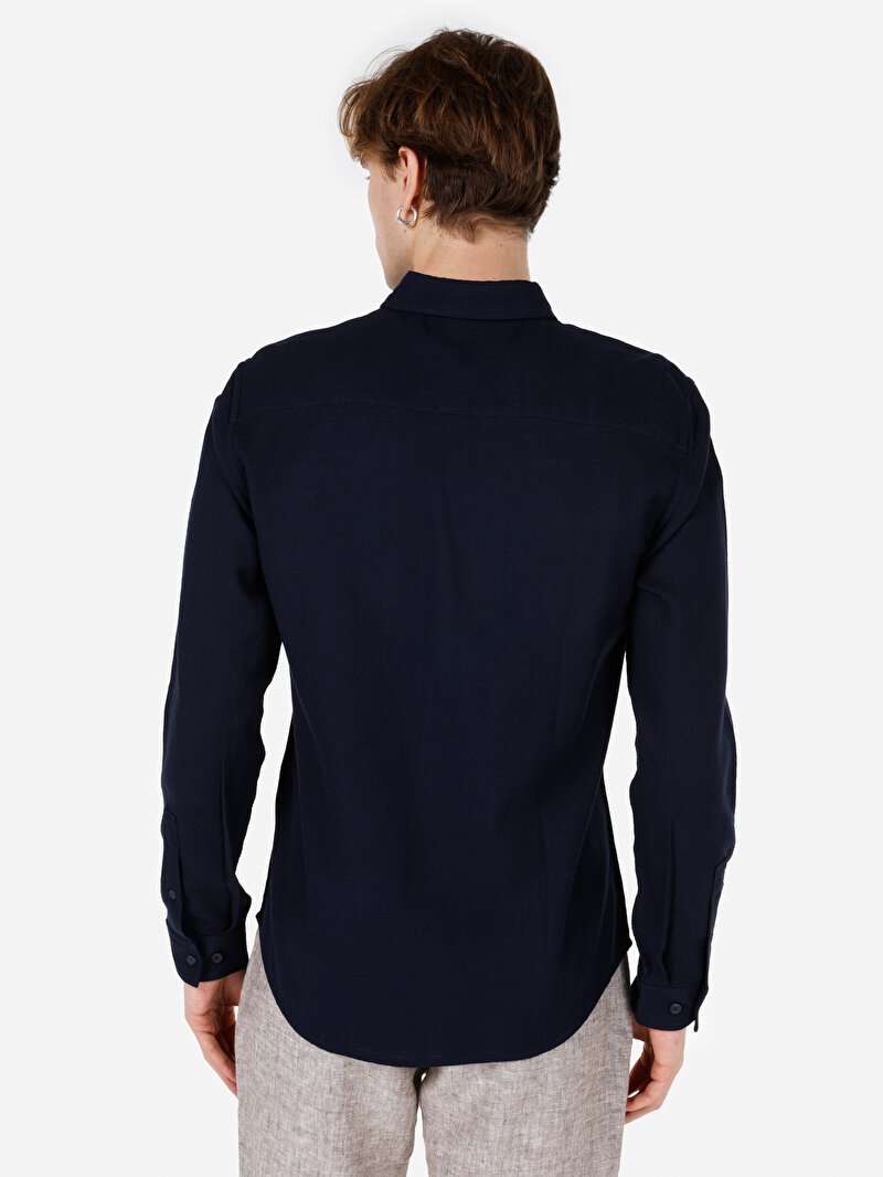 Slim Fit Shirt Neck Düz Cepsiz Erkek Lacivert Uzun Kol Gömlek