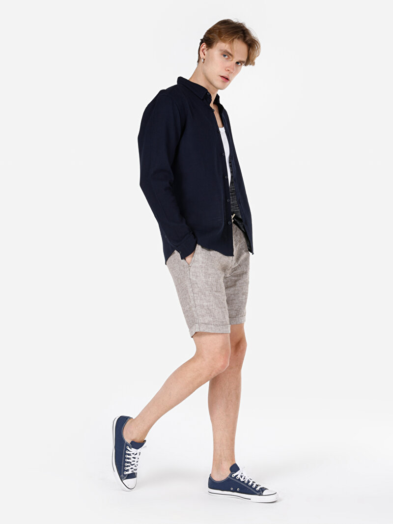 Slim Fit Shirt Neck Düz Cepsiz Erkek Lacivert Uzun Kol Gömlek